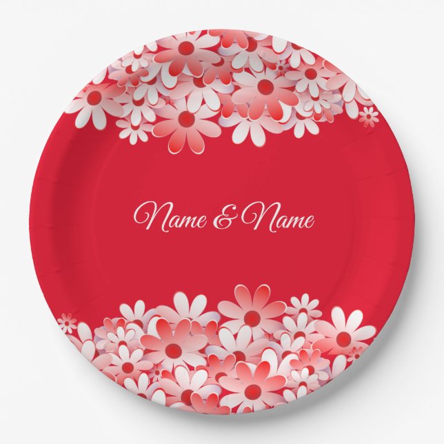 Elegant Red White Floral Name Party Paper Plates (Front)