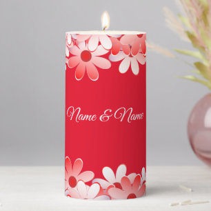 Elegant Red White Floral Name Pillar Candle