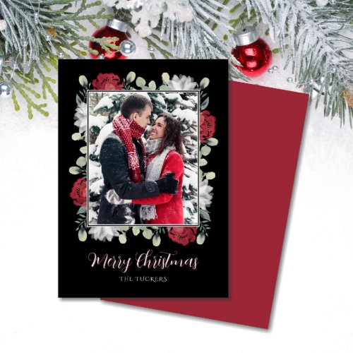 Elegant Red White Floral on Black Photo Christmas Holiday Card