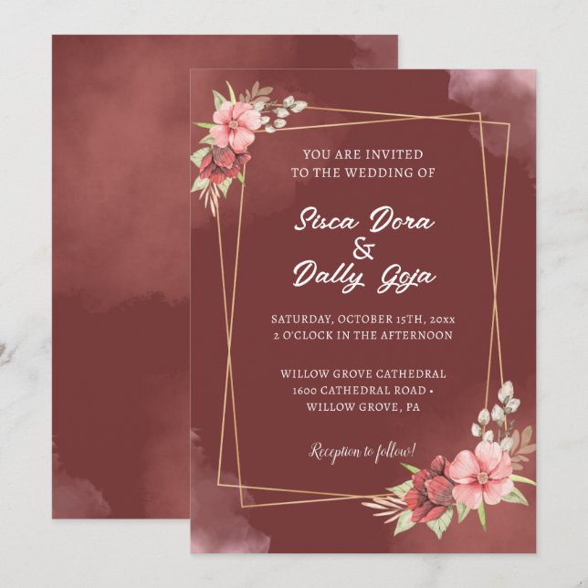 Elegant Red & White Floral Watercolor Wedding Invitation (Front/Back)