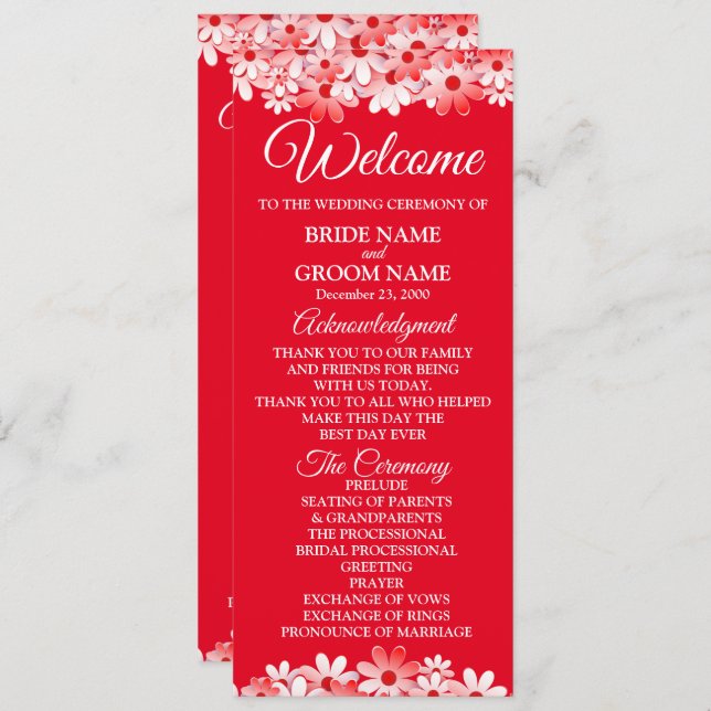 Elegant Red White Floral Wedding Program (Front/Back)