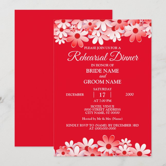 Elegant Red White Floral Wedding Rehearsal Dinner Invitation (Front/Back)