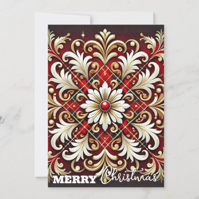 Elegant Red White Gold Festive Plaid Holiday Card (Front)