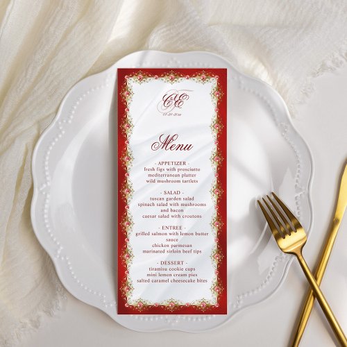 Elegant Red White Gold Monogram Wedding Menu