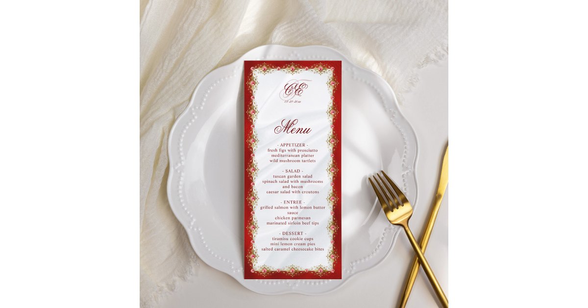 Elegant Red White Gold Monogram Wedding Menu | Zazzle