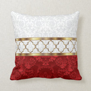 Elegant Red, White & Gold Quatrefoil Pattern Throw Pillow