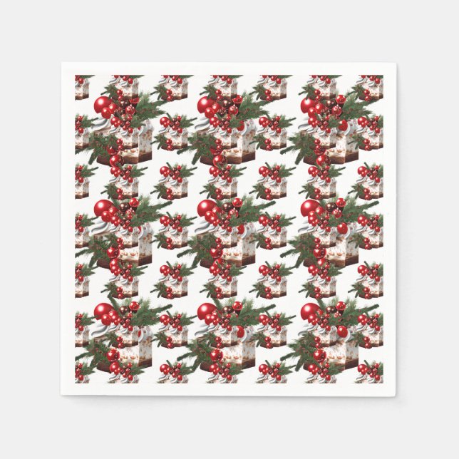 Elegant Red, White & Green Cake Pattern Holiday Napkins (Front)