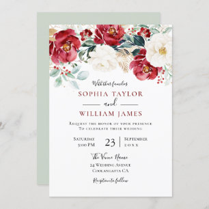 Elegant Red White Green Floral Holiday Wedding Invitation