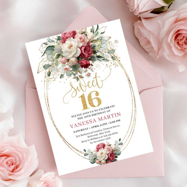 Elegant Red White Greenery Sweet Sixteen Birthday  Invitation (Elegant Red White Greenery Sweet Sixteen Birthday Invite)