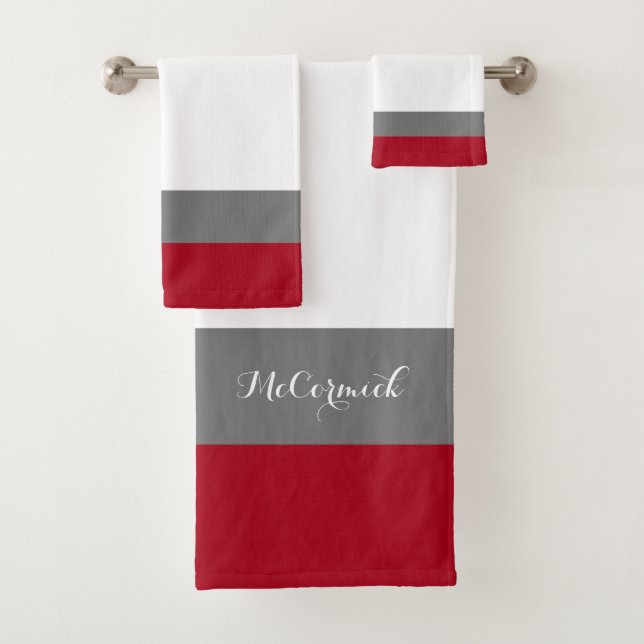Elegant Red White Grey Stripes Script Monogram Bath Towel Set (Insitu)
