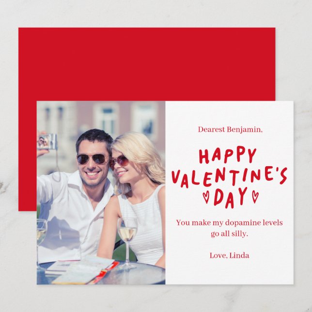 Elegant Red White HAPPY Valentine's Day Photo Holiday Card (Front/Back)