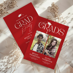Elegant Red & White Joint Graduation Party Photo Invitation