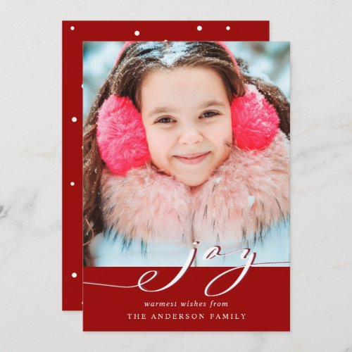 Elegant Red  White Joy Script Photo Holiday Card