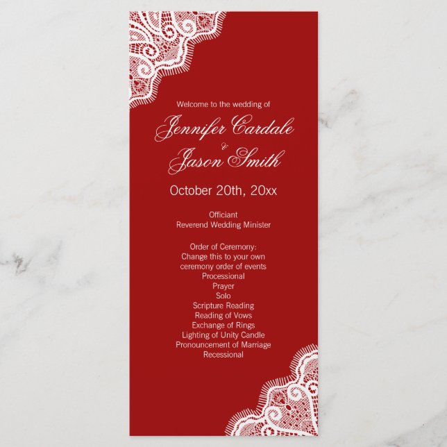Elegant Red White Lace Vertical Wedding Programs (Front)