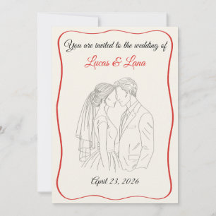 Elegant Red White Line Art Wedding Couple Invitation