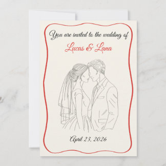 Elegant Red White Line Art Wedding Couple Invitation