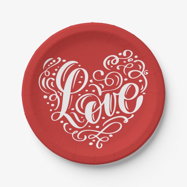 Elegant Red White Love Wedding Heart Bridal Shower Paper Plates (Front)