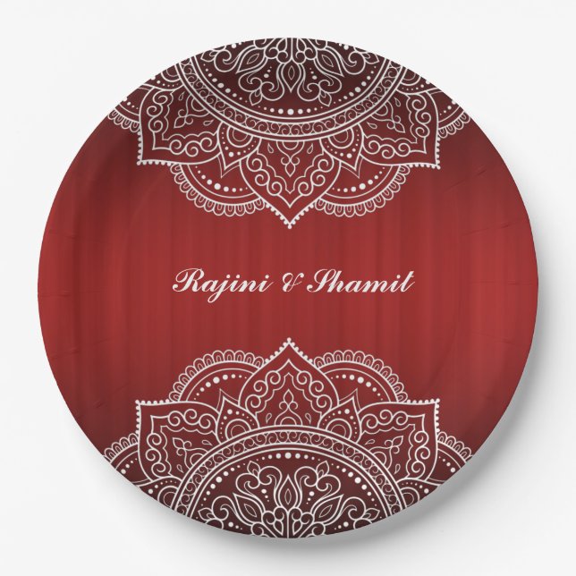 Elegant Red White Mandala Indian Hindu Wedding Paper Plates (Front)