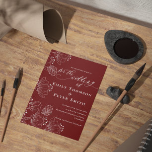 Elegant Red White Minimalist Line Floral Wedding Invitation