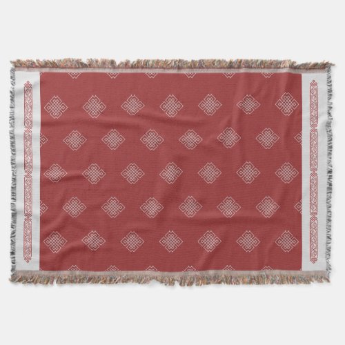 Elegant Red White Mongolian Traditional Pattern Throw Blanket