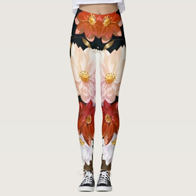 Elegant Red White & Pink Watercolor Floral Pattern Leggings (Front)