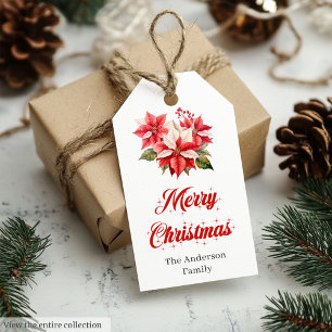 Elegant Red White Poinsettia Editable Holiday Tag