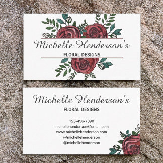 Elegant Red & White Rose Illustration Florist Business Card