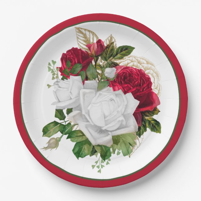 Elegant Red White Roses Bouquet Paper Plates (Front)