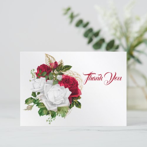 Elegant Red White Roses Bouquet Thank You Card