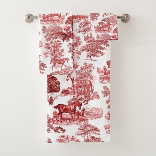Elegant Red White Rustic Horses Toile  Bath Towel Set (Insitu)