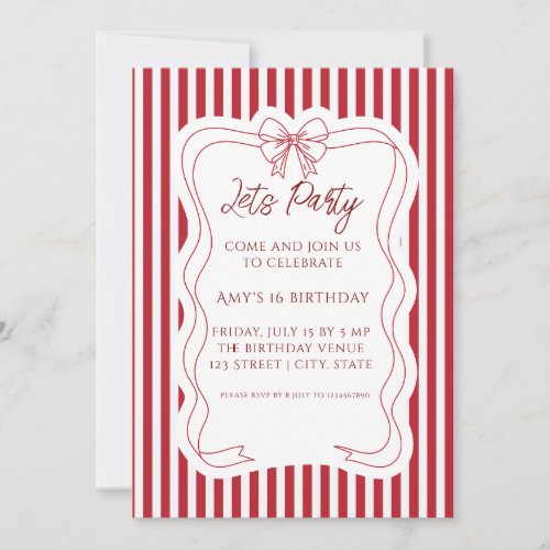 Elegant Red & White Striped birthday Invitation