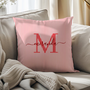 Elegant Red & White Stripes Monogram Name Throw Pillow