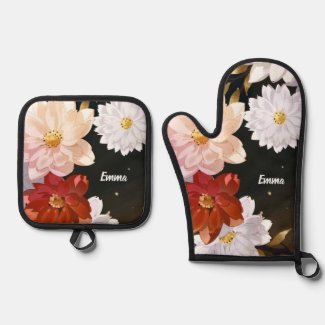 Elegant Red & White Watercolor Floral Pattern Name Oven MItt & Pot Holder Set