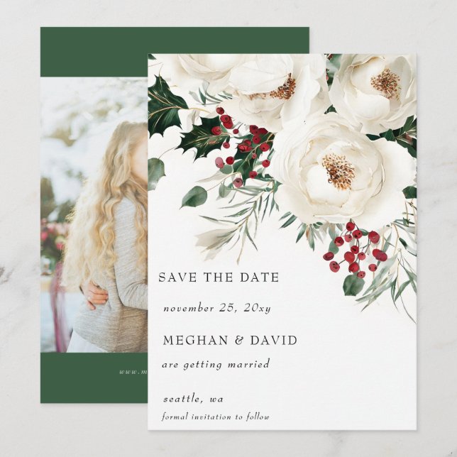 Elegant Red White Winter Christmas Photo Save The Date (Front/Back)