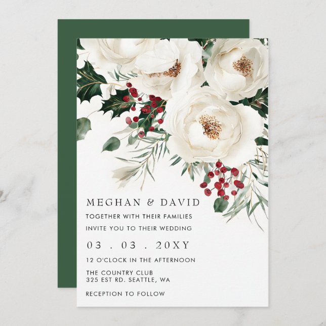 Elegant Red White Winter Christmas Wedding  Invitation (Front/Back)
