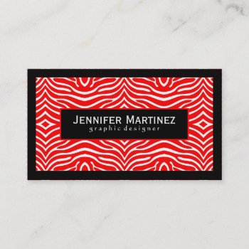 Elegant Red & White Zebra Pattern Black Accents Business Card by artOnWear at Zazzle