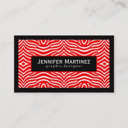 Elegant Red & White Zebra Pattern Black Accents Business Card