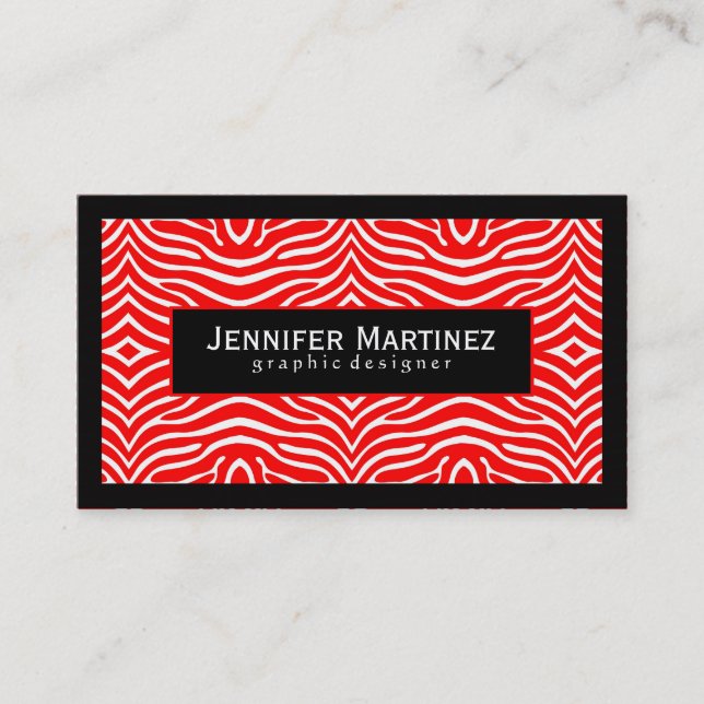 Elegant Red & White Zebra Pattern Black Accents Business Card (Front)