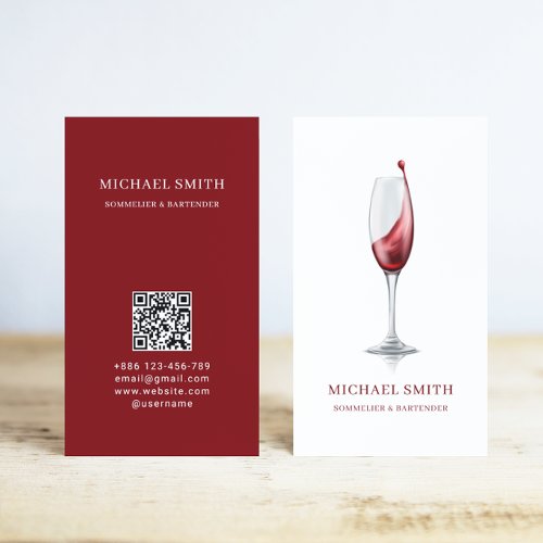 Elegant Red Wine Glass Bar Winery QR Code Business Card