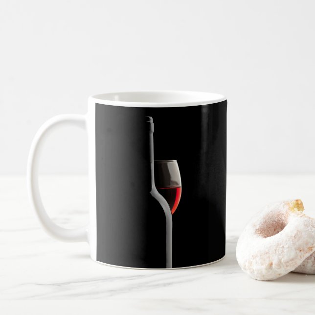 Elegant Red Wine Glass & Bottle. Black Background Coffee Mug (With Donut)