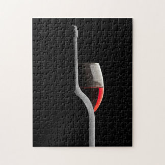 Elegant Red Wine Glass & Bottle. Black Background Jigsaw Puzzle