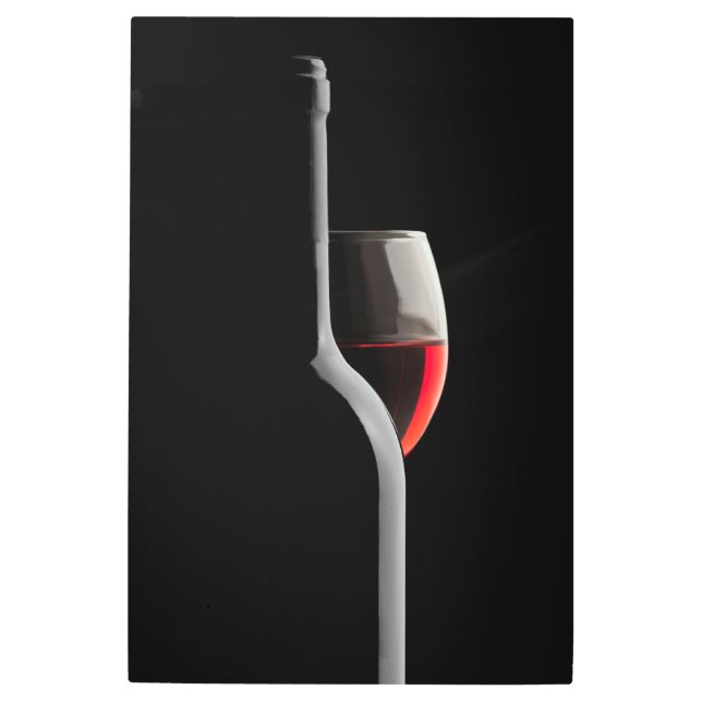 Elegant Red Wine Glass & Bottle. Black Background Metal Print (Front)