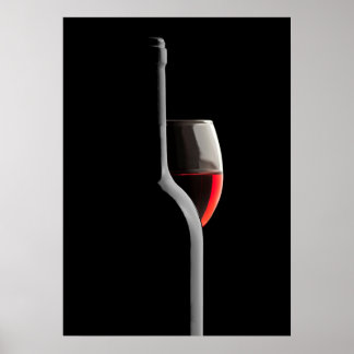 Elegant Red Wine Glass & Bottle. Black Background Poster