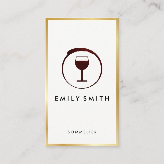 Elegant Red Wine Stain Wine Glass Faux Gold Border Business Card (Front)