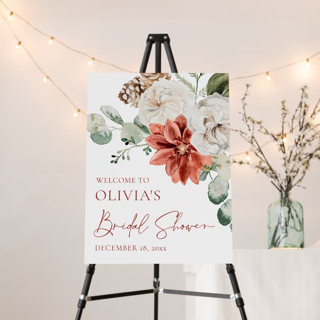 Elegant Red Winter Christmas Bridal Shower Welcome Foam Board (In Situ (Stand))