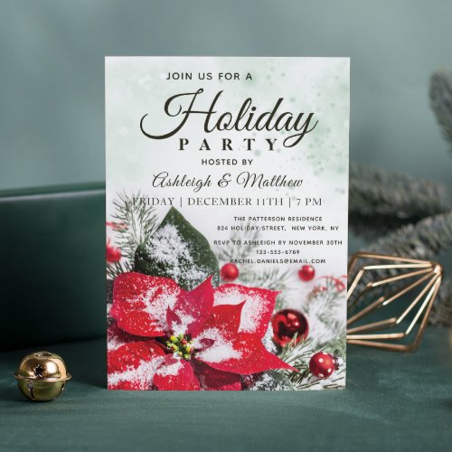 Elegant Red Winter Poinsettia Floral Holiday Party Invitation