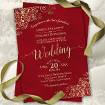 Elegant Red with Gold Frills & Calligraphy Wedding Invitation<br><div class="desc">This beautiful wedding invitation features lacy gold script calligraphy and faux foil curls and swirls on a deep marbled red background. Fancy,  elegant,  stylish and classy,  the lush and glamorous feel of this invite is sure to impress your wedding guests.</div>