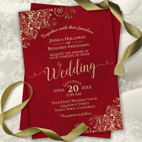 Elegant Red with Gold Frills  Calligraphy Wedding Invitation