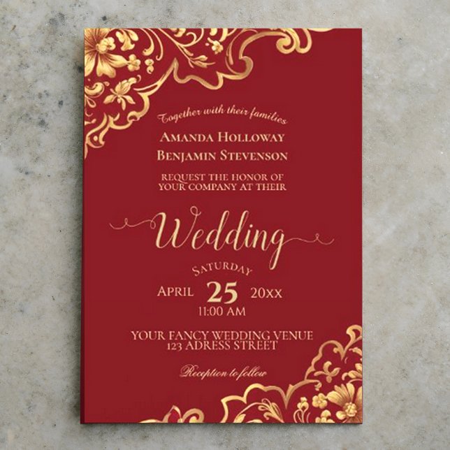 Elegant Red with Gold Frills Calligraphy Wedding Invitation (Creator Uploaded)