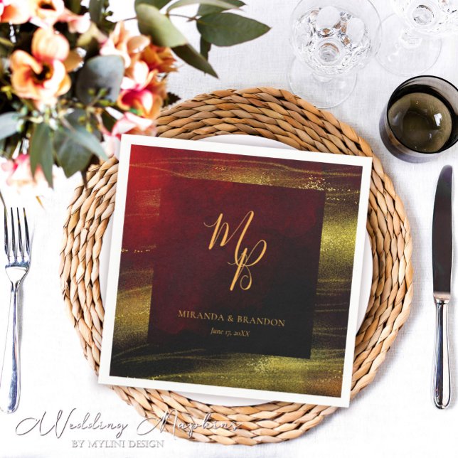 Elegant Red with Gold Monogram Wedding Napkins (Creator Uploaded)